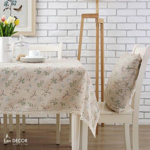 Khăn trải bàn đẹp Landecor mẫu hoa dây nhí xanh nhẹ nhàng- TB268