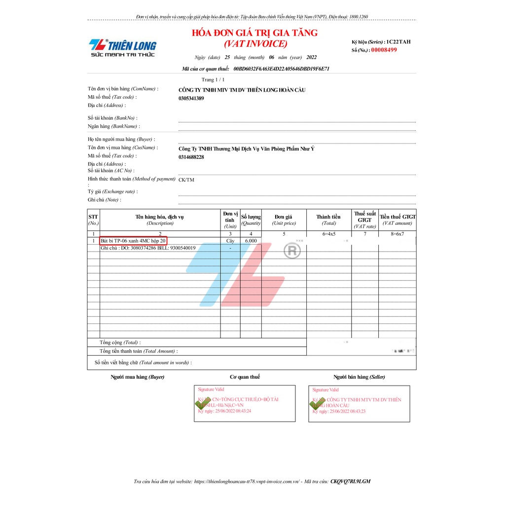 Hộp 20 cây Bút Bi Điểm 10 TP-06 Nét 0.5mm