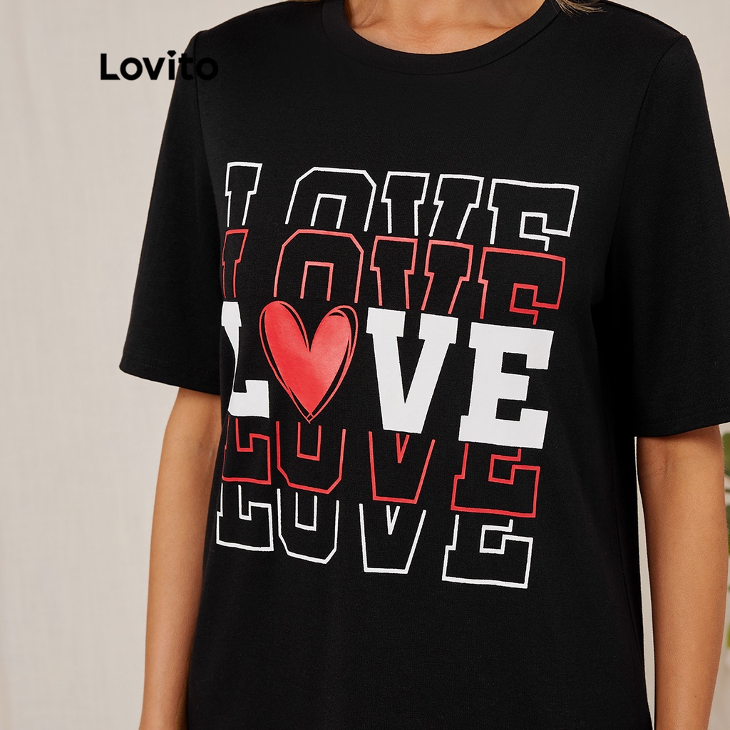 Áo thun Lovito cổ tròn tay ngắn oversize in hình trái tim phong cách hằng ngày L18D122 (Màu đen)
