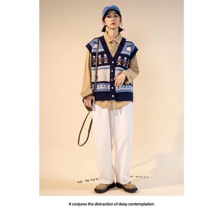 Áo len không tay cổ chữ V thiết kế mới phong cách vintage thời trang cho nữ