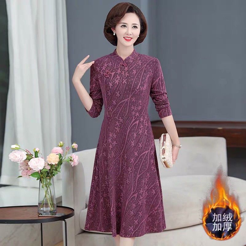 Đầm trung niên Hàn Quốc hoạ tiết ngôi sao dáng dài cổ tàu lót nỉ dày dặn cao cấp