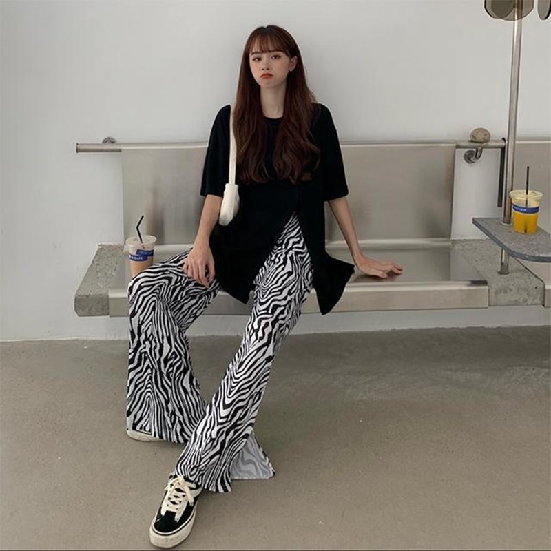 Fashionable Zebra Pattern with High Waist Female Long Pants Wide Tube