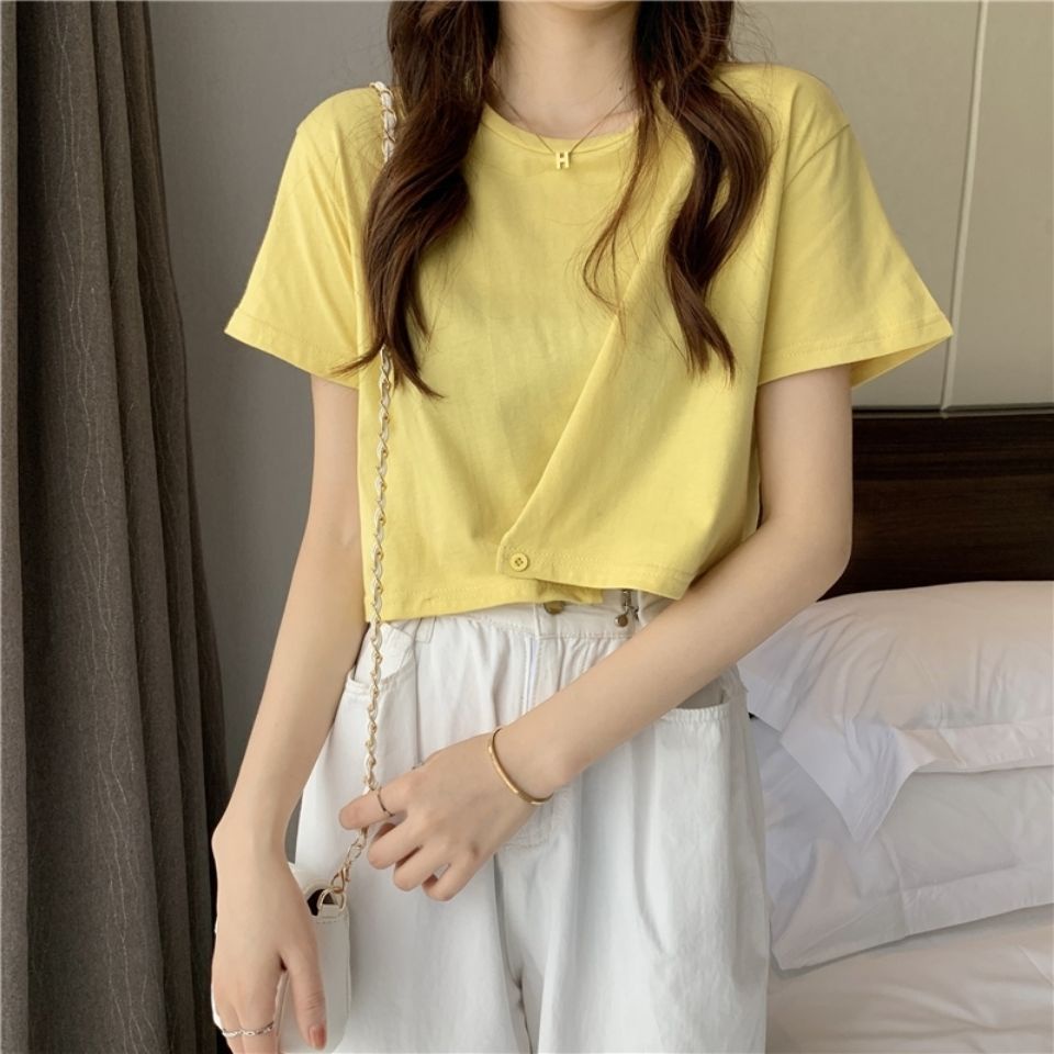 Áo Thun Croptop Tay Ngắn Đính Nút Phong Cách Hàn Quốc Thời Trang Mùa Hè 2024 4 Màu Lựa Chọn