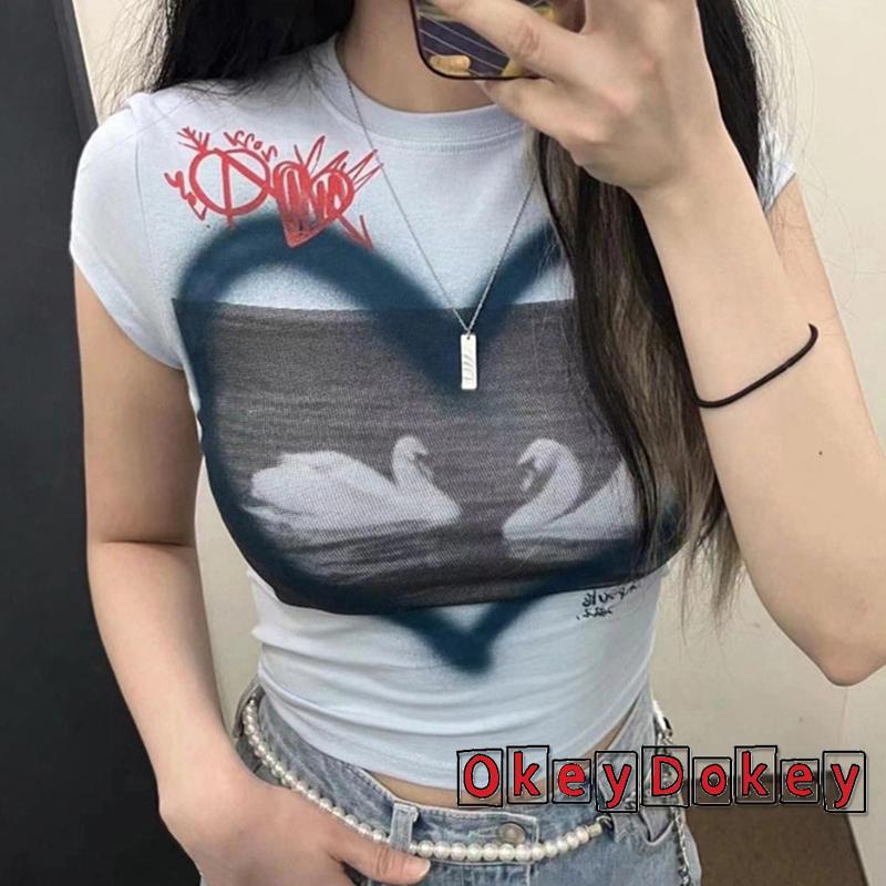 Áo Croptop Ngắn Tay Cổ Tròn Hở Rốn In Họa Tiết Thiên Nga Trái Tim Thời Trang Cho Nữ