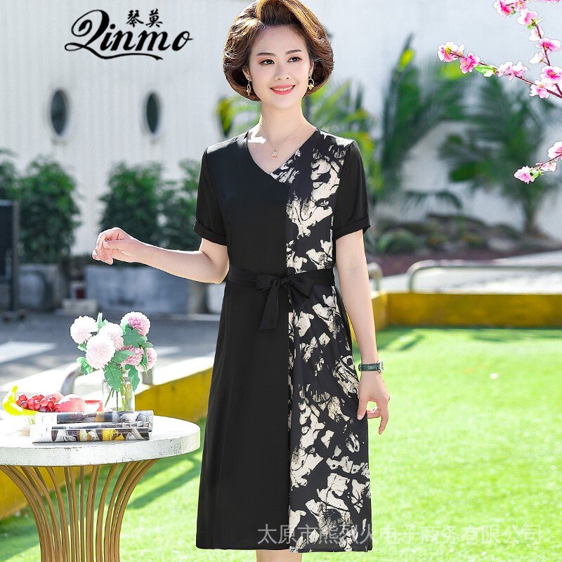 Đầm Tay Ngắn Phong Cách Phương Tây Thời Trang Mùa Hè Hàng Mới Dành Cho Nữ Trung Niên 40-50 Tuổi
