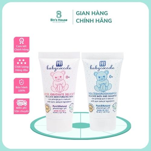 Travel Kit Sữa Tắm Gội Chiết Xuất Hoa Sen 2 chai x 30ml + Phấn Rôm Dạng Nước cho Bé 30ml Babycococcle