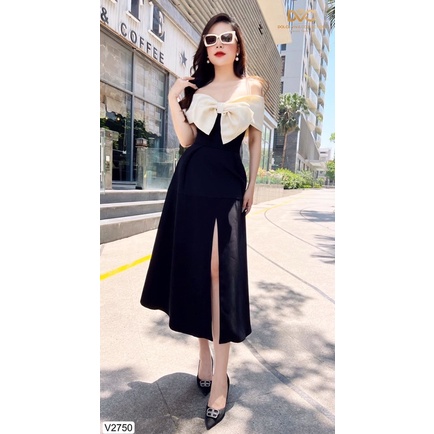 V2750 váy trễ vai màu đen xẻ tà