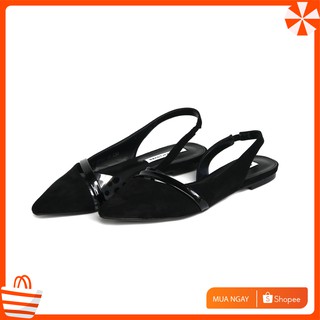 Giày bệt đế bằng kiểu Mules da lộn, phối mica trong, dây chéo mũi, cao 2cm mã 100466