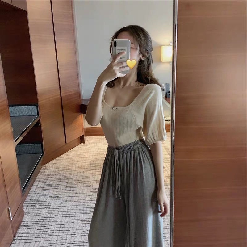 Áo dệt kim tay ngắn phồng cổ vuông phong cách retro Pháp