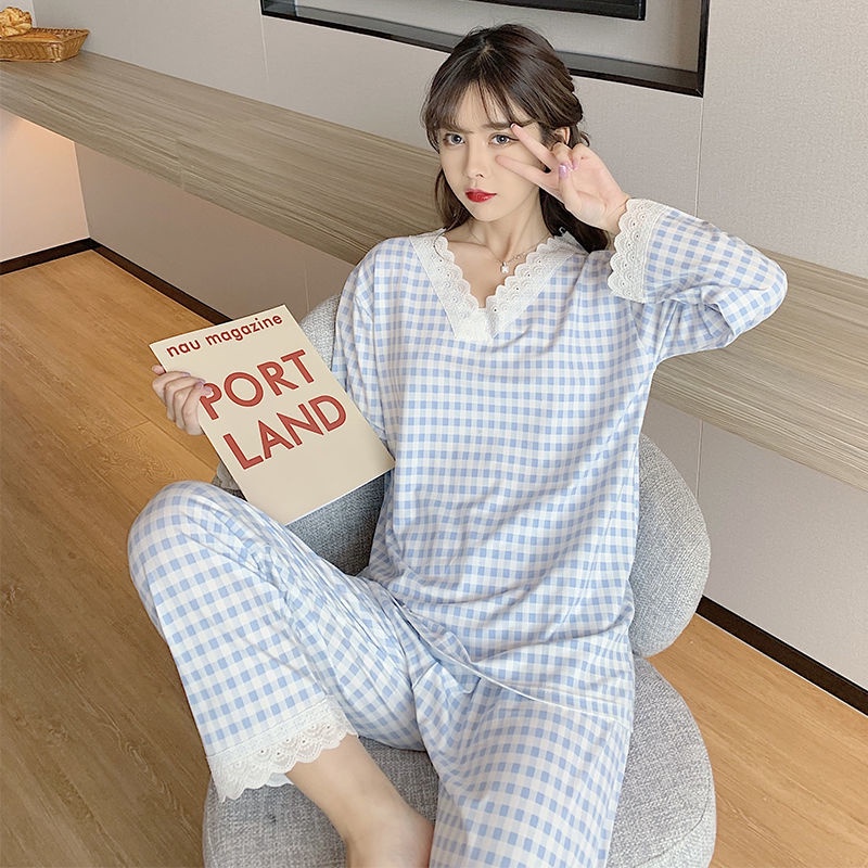 Bộ đồ ngủ tay dài phối ren họa tiết kẻ sọc phong cách Nhật Bản thời trang thoải mái cho nữ