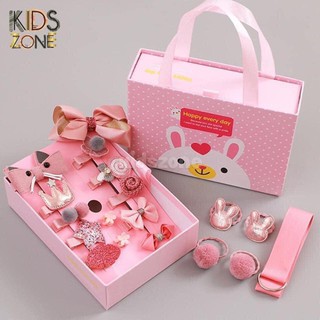Set hộp nơ 18 chi tiết buộc tóc cho bé, hộp hồng in hình chú thỏ