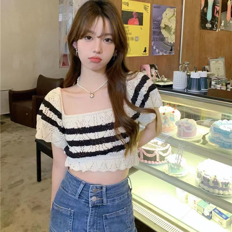 Áo Thun Dệt Kim Tay Ngắn Cổ Vuông Họa Tiết Kẻ Sọc Thời Trang Mùa Hè Hàng Mới Dành Cho