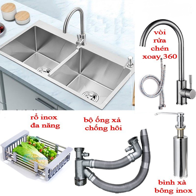 Chậu rửa chén bát 2 hộc cân 8245 liền khối inox 304 tặng kèm bộ xả chống hôi - Bồn rửa chén đúc inox 304