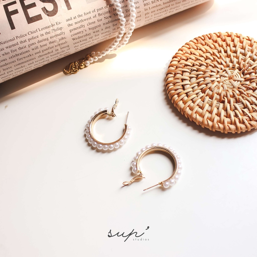 Bông tai - hoa tai tròn mạ vàng đính hạt ngọc ER0043