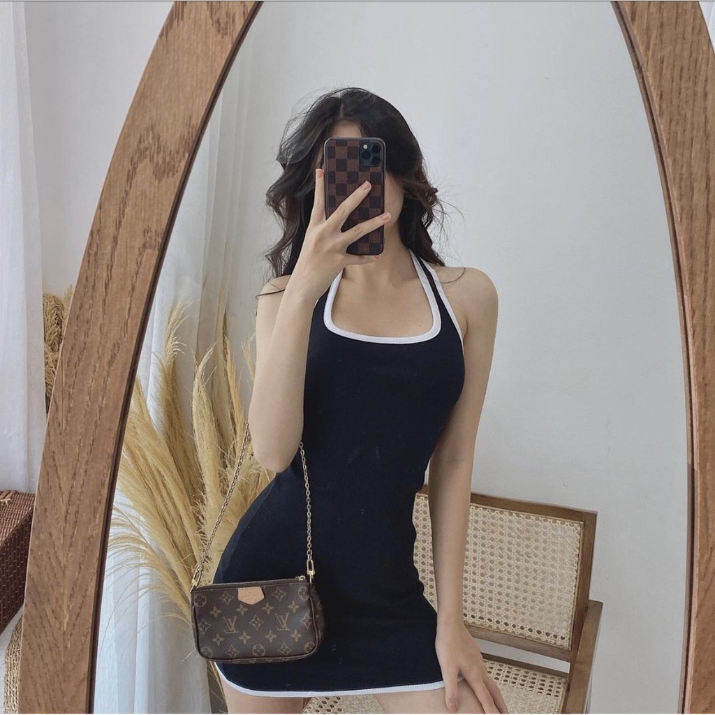 Đầm body nữ sát nách HHVINTAGE kiểu yếm viền, ôm dáng