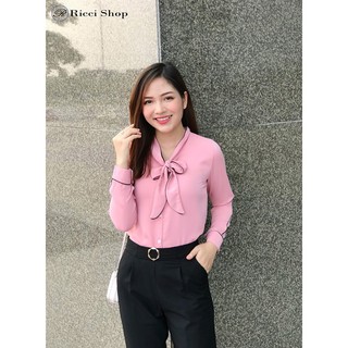 Sơ MI cổ buộc nơ viền đen