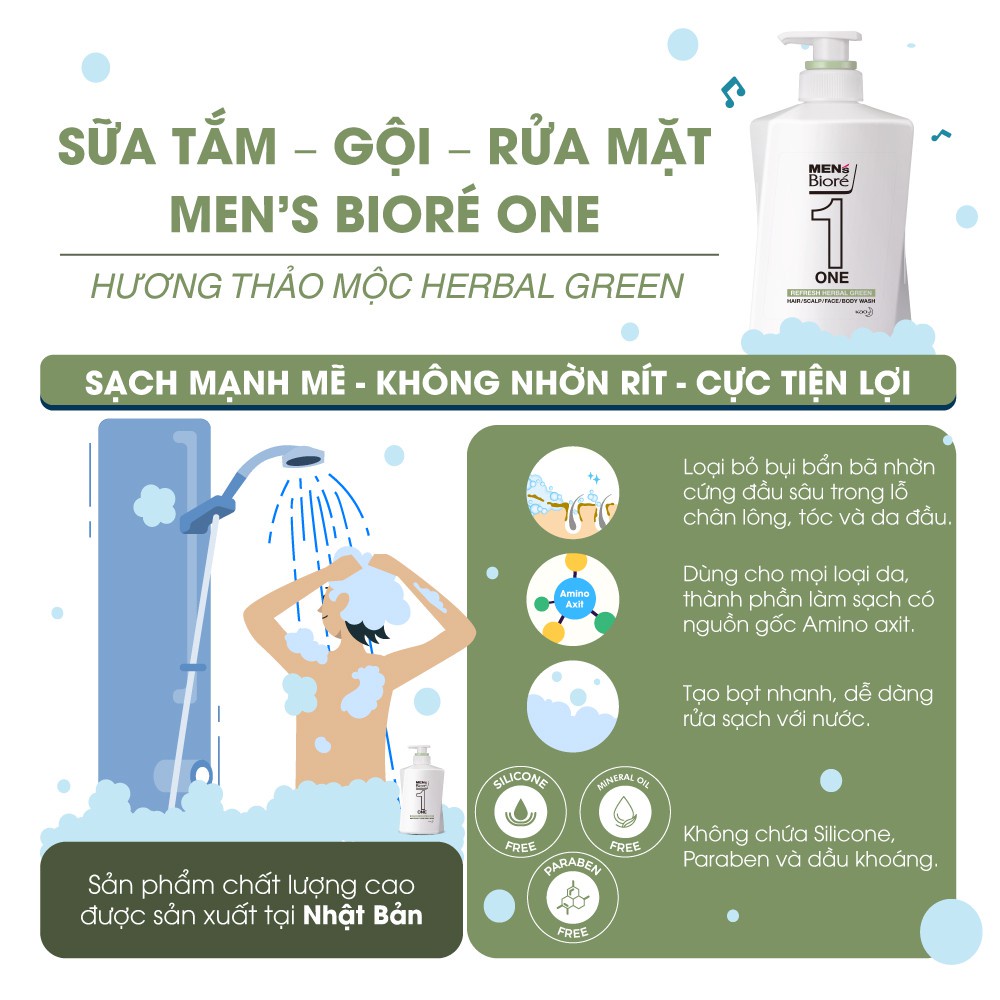 Sữa Tắm - Gội - Rửa Mặt Men's Biore One 480ml