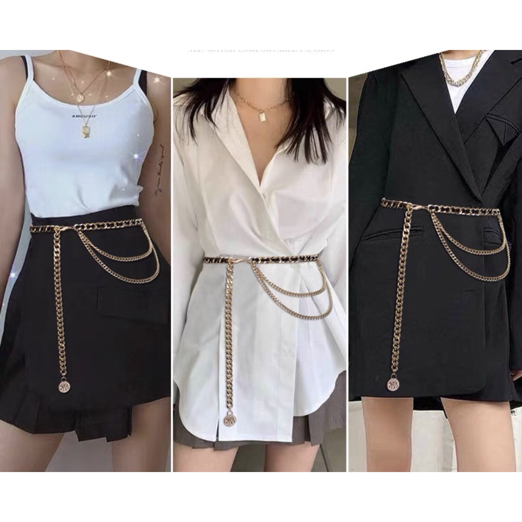 Đai váy nữ da phối xích 2 tầng sang chảnh Dây đai nịt váy áo khoác kiểu Hàn Quốc nịt áo khoác blazer vest dạ