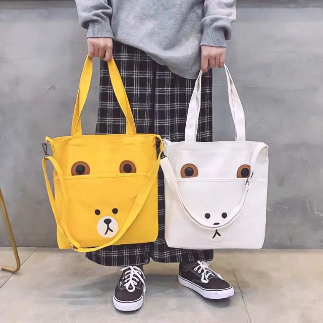 Túi tote Canvas - hình Gấu có ngăn đựng