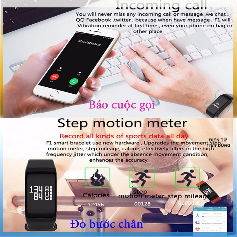 Vòng đeo tay thông mình F1 chống nước theo dõi sức khỏe hỗ trợ các chức năng thể thao, màn hình cảm ứng có màu