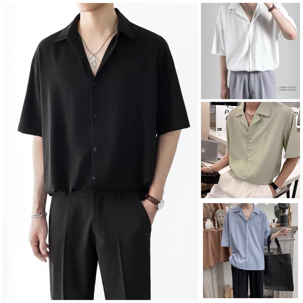 Áo sơ mi cổ Vest trơn tay ngắn nam nữ unisex form rộng tay lỡ basic, chất vải đũi trơn Hàn cao cấp mịn chống nhăn