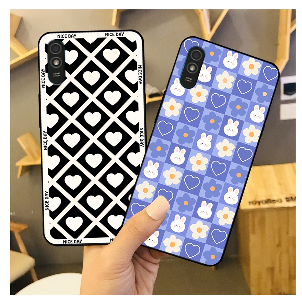Ốp lưng Xiaomi Redmi 9A in hoạ tiết caro trái tim đen trắng, gấu bear cute đáng yêu