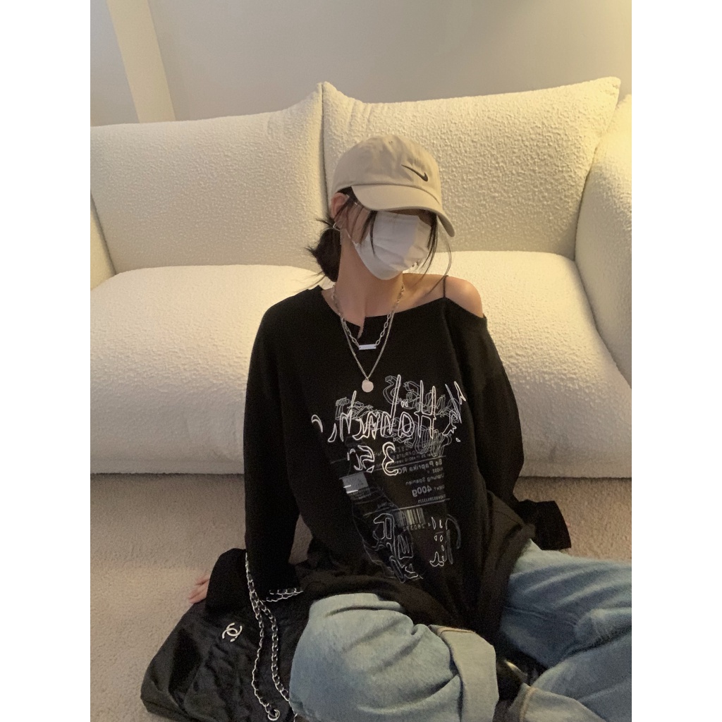 Ethelgirl Áo Thun Tay Dài Trễ Vai Họa Tiết Độc Đáo Phong Cách Cổ Điển Thời Trang Hàn Quốc Cho Nữ