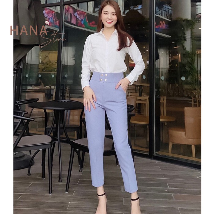 Quần baggy tây đen nữ cạp viền cao đi học làm công sở phối 4 cúc bấm - Dáng dài ống bằng - Vải tuyết mưa dày dặn mềm mịn