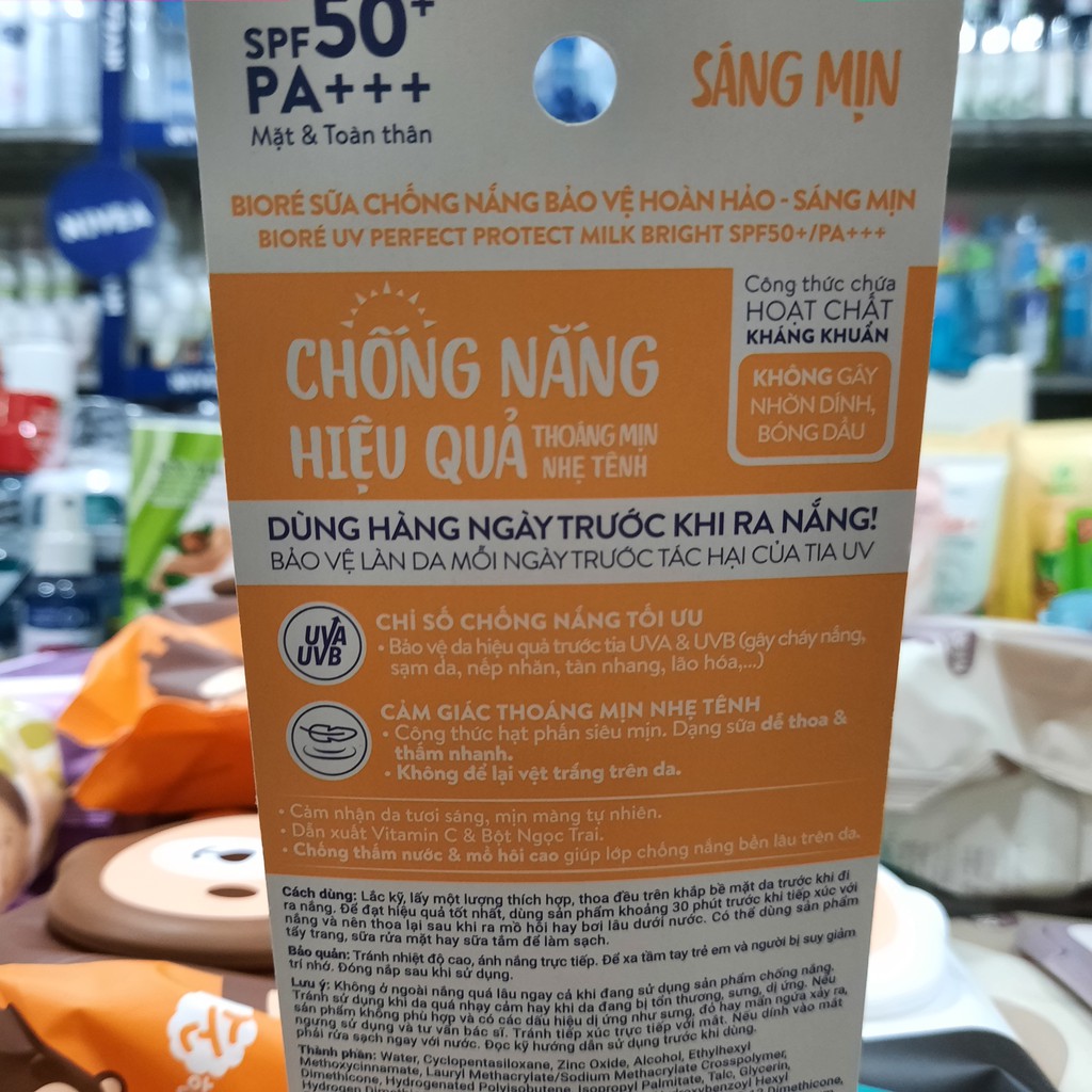 KEM CHỐNG NẮNG TRẮNG MỊN NGỌC TRAI BIORE UV PERFECT PROTECT MILK WHITE SPF50 25ML