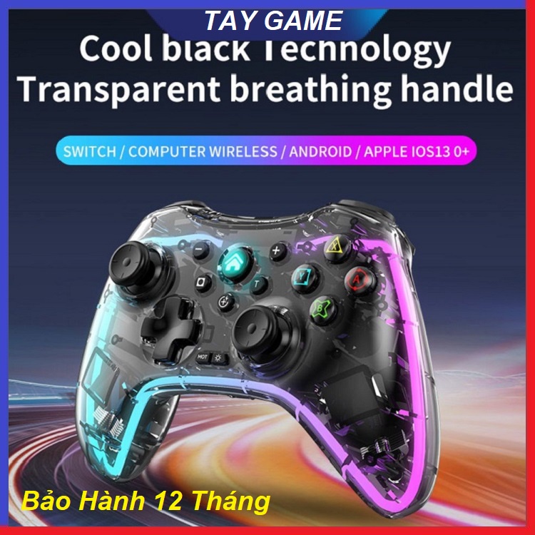 Tay Cầm Chơi Các Loại Game, Không Dây Đèn LED S03 RGB, Tay Trong Suốt Fo4 - Kết Nối Mọi Thiết Bị - 10 Chức Năng Trong 1