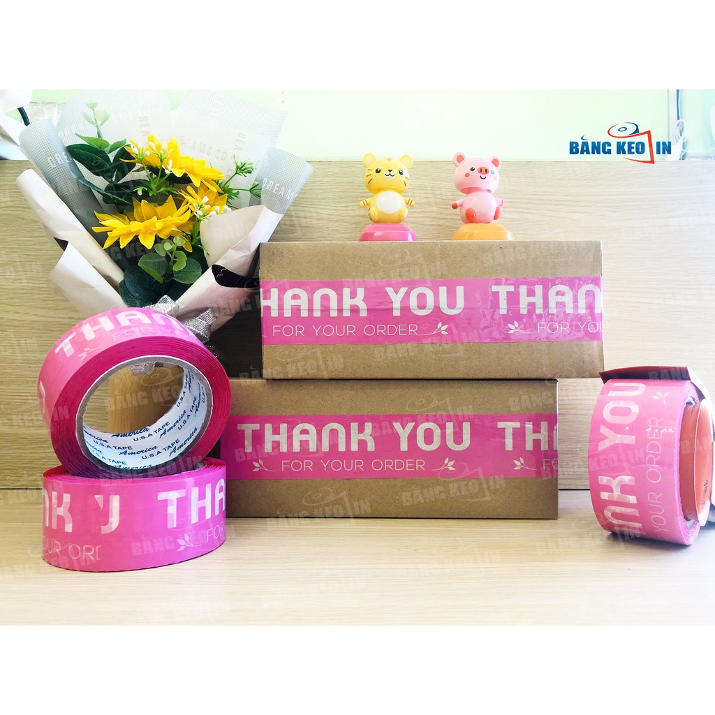 Cuộn băng keo in chữ THANK YOU màu hồng dễ thương 48mm x 72met