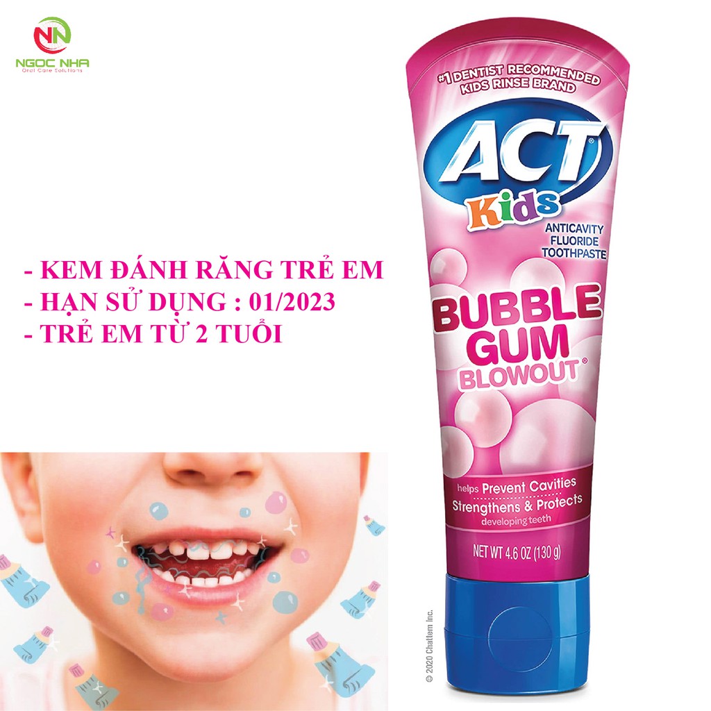 Kem đánh răng trẻ em ACT KIDS BUBBLE GUM BLOWOUT 130g – vị Singum dâu tây thổi thơm thơm kích thích trẻ đánh răng