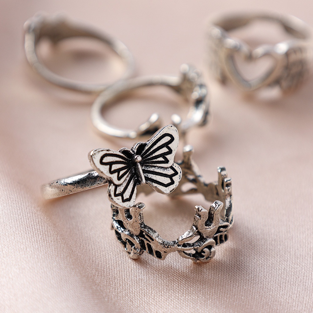 Set 6 Nhẫn Hợp Kim Bạc Hình Cánh Thiên Thần/Trái Tim/Đầu Lâu Phong Cách Gothic Punk Vintage Thời Trang Dự Tiệc Dành Cho Nữ/Nữ