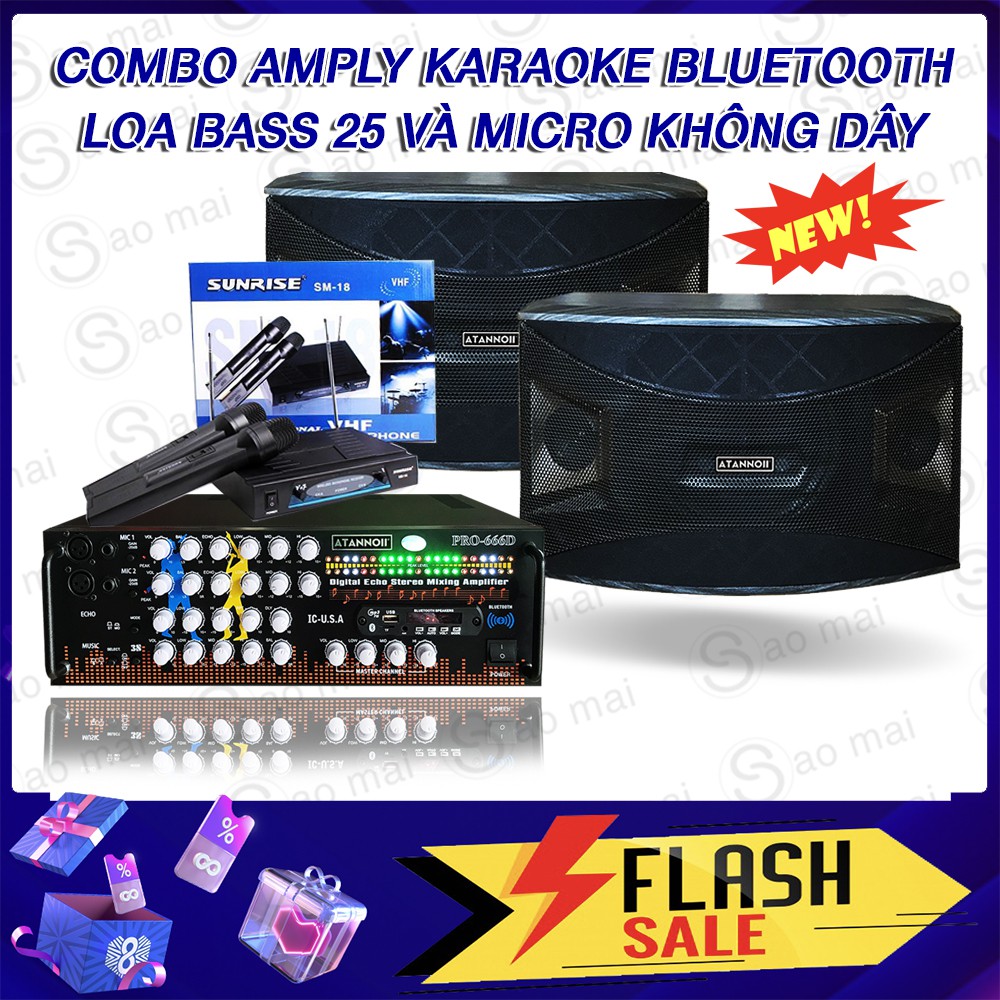 Combo dàn karaoke gia đình, Amply Bluetooth , Ampli Karaoke ATANNOII x Loa ATANNOII Bass 2.5 Tấc x 2 Micro không dây