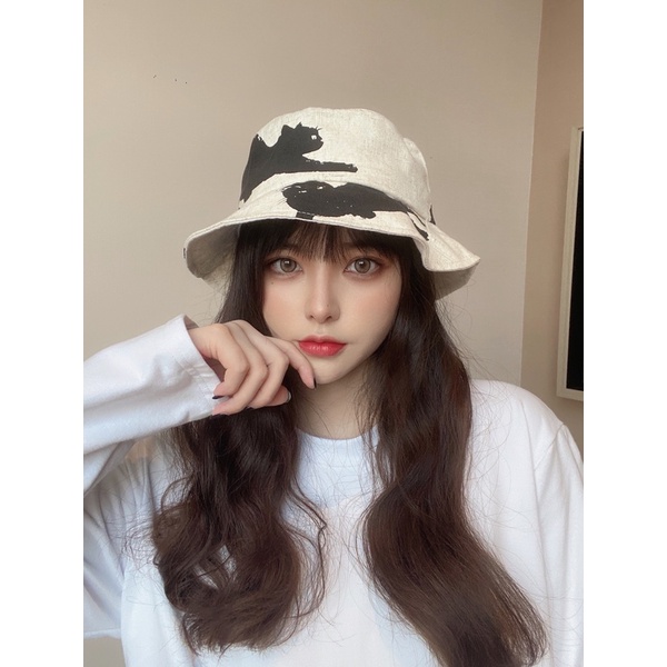 Mũ Tai Bèo Vải Lanh Cotton In Hình Mèo Kitty Dễ Thương Dễ Phối Đồ Cho Nam Và Nữ