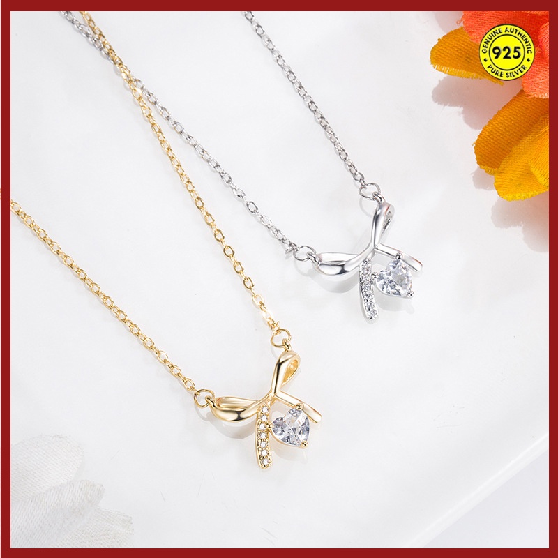 Vòng cổ Mạ Bạc 925 Mặt Hình Nơ Đính Kim Cương Nhân Tạo Thời Trang Cho Nữ