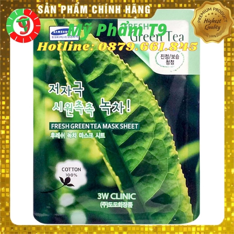 20 Mặt nạ giấy dưỡng da làm trắng và cấp ẩm chăm sóc da thiên nhiên trà xanh 3W Clinic Fresh Green Tea Mask Sheet