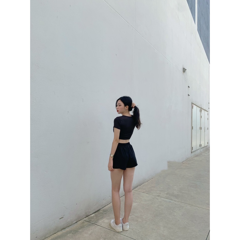 Áo croptop cộc tay tập gym yoga aerobic nữ vải thun poly cao cấp- đồ tập gym yoga nữ