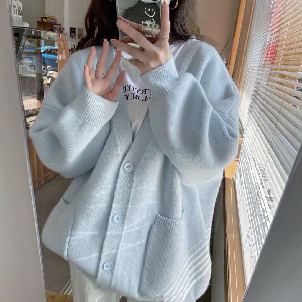Áo cardigan Len Dáng Rộng Cổ Chữ V Màu Xanh Dương Sữa Phong Cách Thời Trang Thu Đông Hàng Mới 2022