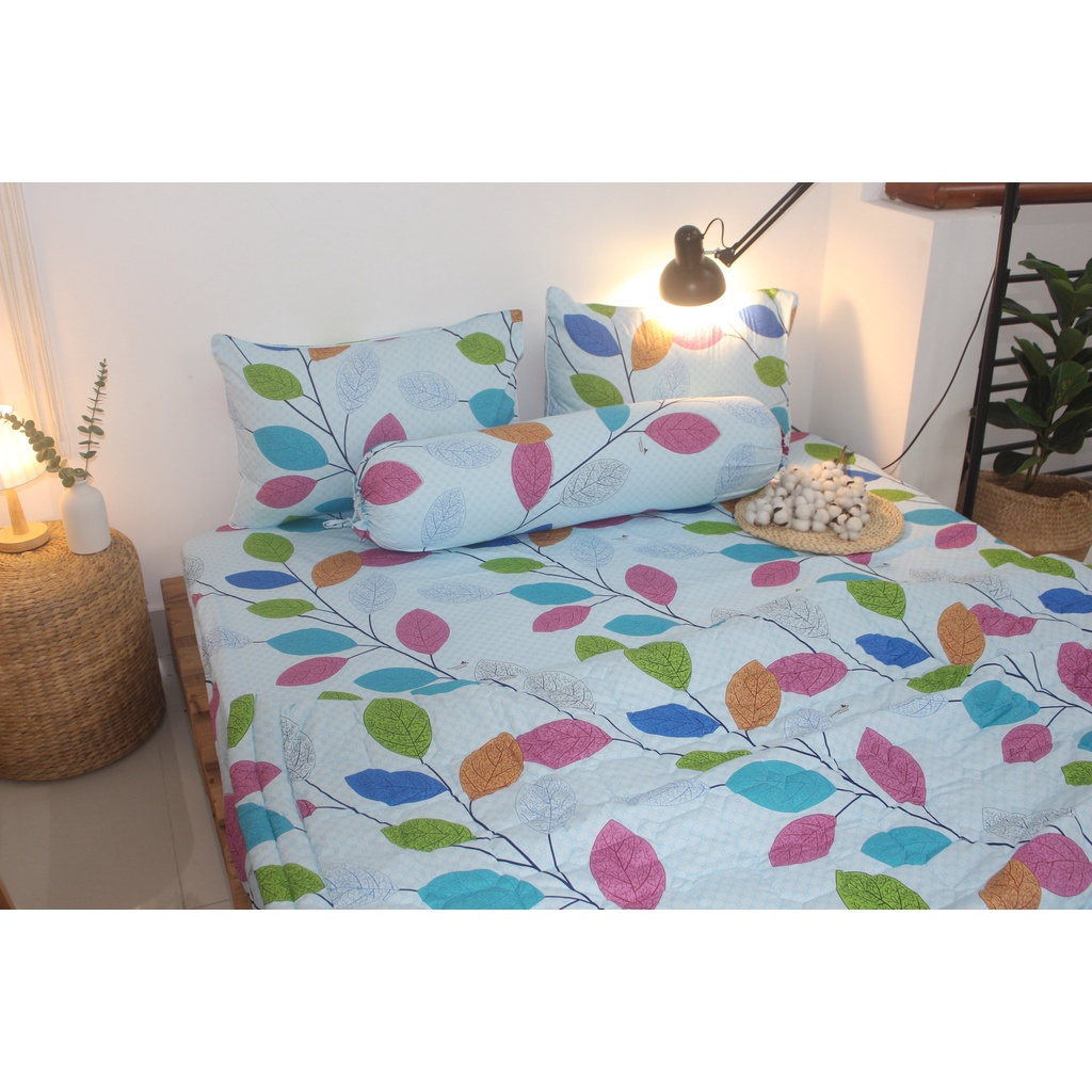 Bộ drap gối cotton TL - Lá Dây Nền Xanh- chất vải COTTON loại 1 dầy dặn, mềm mại, mát mẻ.