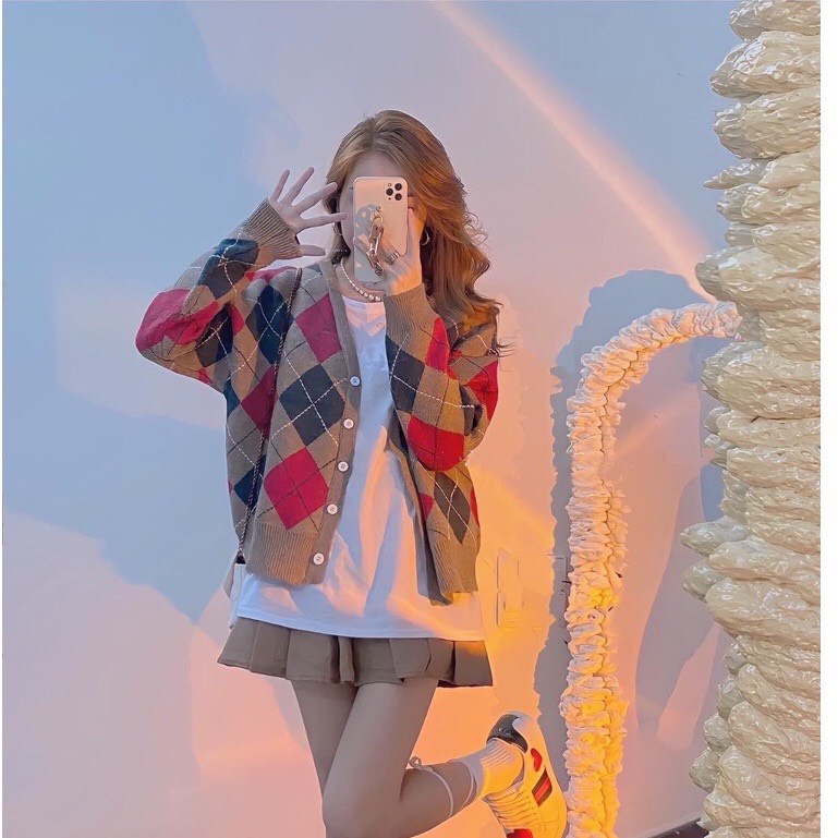 Áo cardigan mỏng hình quả trám Junnie Closet Áo len họa tiết 2 màu xanh lá be Hàn Quốc hottrend | BigBuy360 - bigbuy360.vn