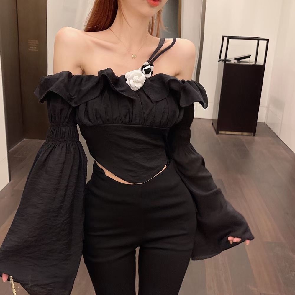 Áo Kiểu Tay Loe Trễ Vai Phối Bèo Thời Trang Mùa Thu Cho Nữ