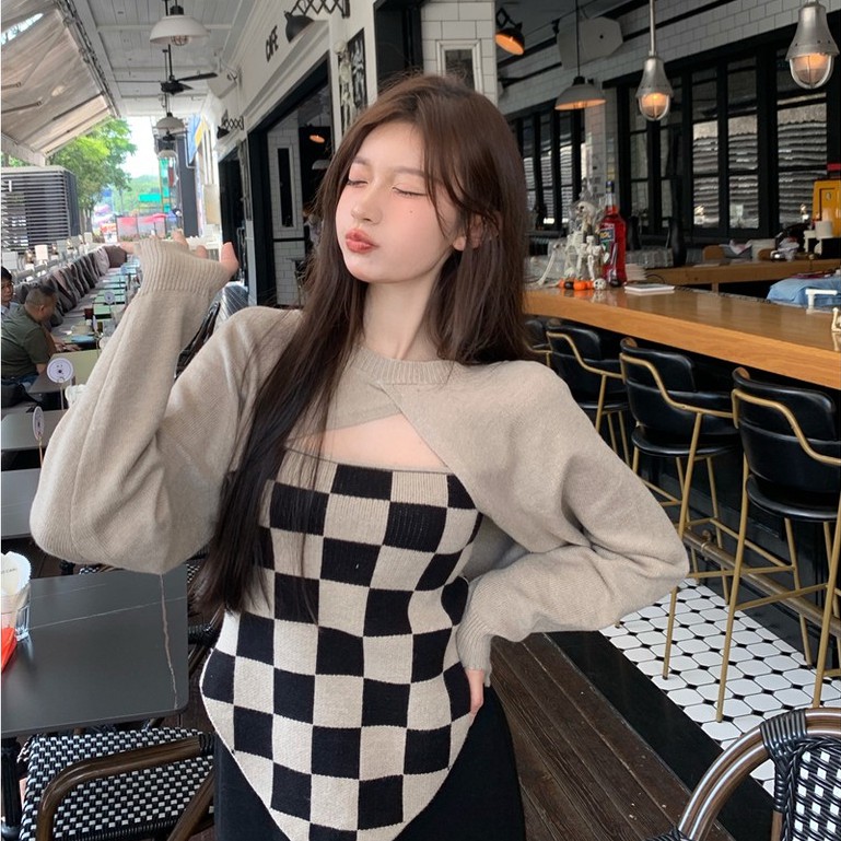 Set áo khoác và áo khoác tay dài họa tiết ca rô nhiều màu sắc thời trang dành cho nữ