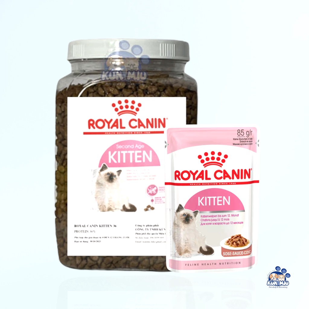 Bộ sản phẩm hộp 1kg Thức ăn khô dinh dưỡng và  1 gói pate 85g cho mèo con Royal Canin Kitten