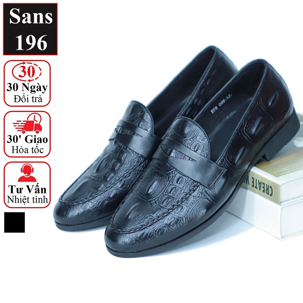Giày lười nam da bò thật Sans196 mềm moca vân cá sấu đẹp cao cấp giầy loafer mọi công sở hàn quốc đen mũi tròn đi làm