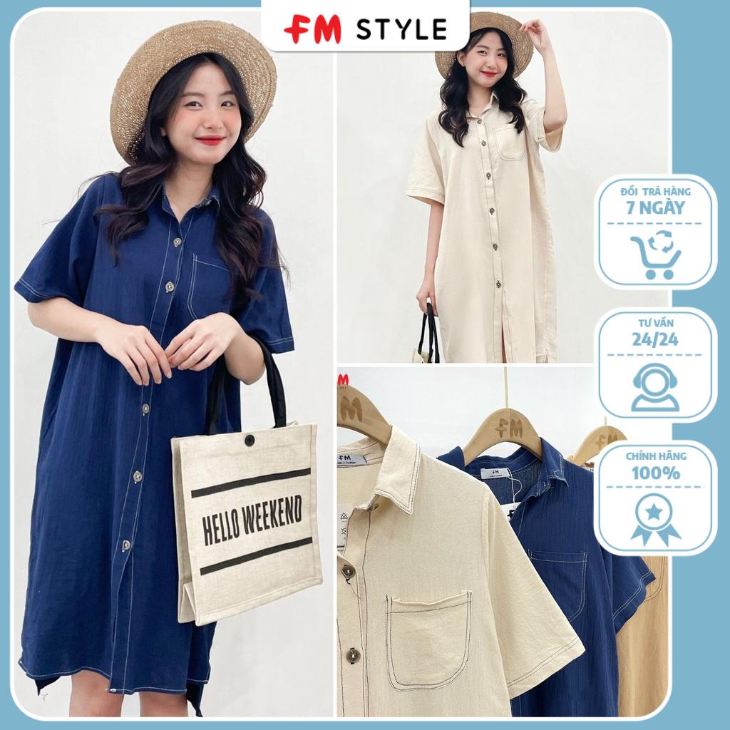 Váy sơ mi dáng dài jean fmstyle, Váy suông dáng dài phối viền chỉ phong cách Hàn Quốc | Fmstyle Shop