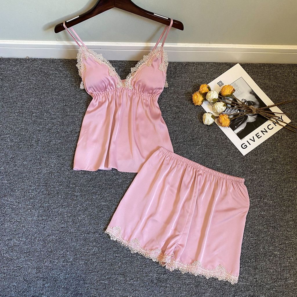 Bộ Đồ Ngủ Hai Mảnh Bằng Lụa Mát Phối Ren Hở Lưng Phong Cách Quyến Rũ Hàng Mới Dành Cho Nữ