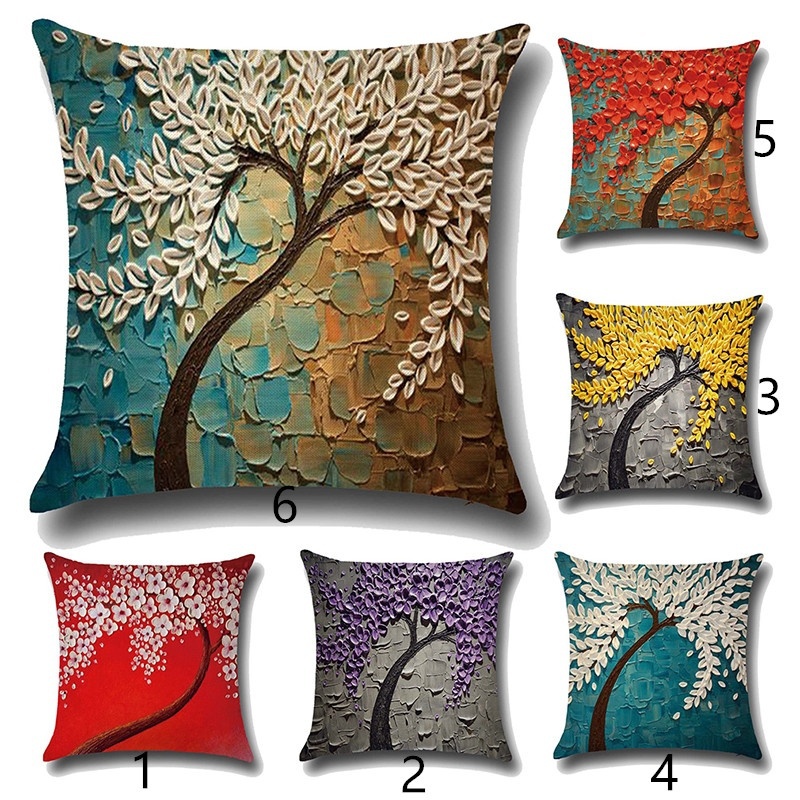 Oil Painting Style Cushion Cover 100% Flax Colorful Trees Flowers Simple Shape Cushions Cover Nordic Simple Brand Pillowcase
