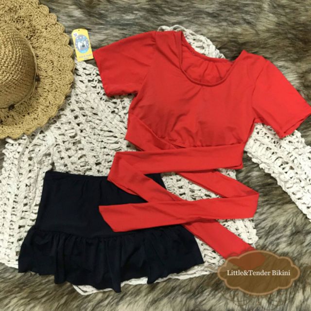 Bikini tay dài cột nơ váy quần cạp cao