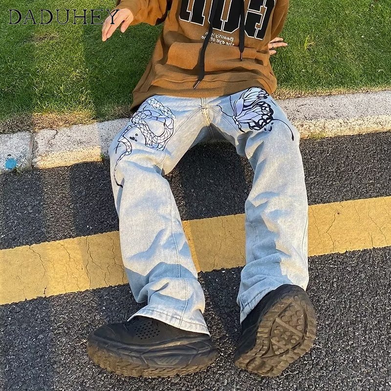 DaDuHey American Street Retro Washed Butterfly Embroidered Jeans Men 'S And Women 'S High Street Fashion Brand Casual Pants